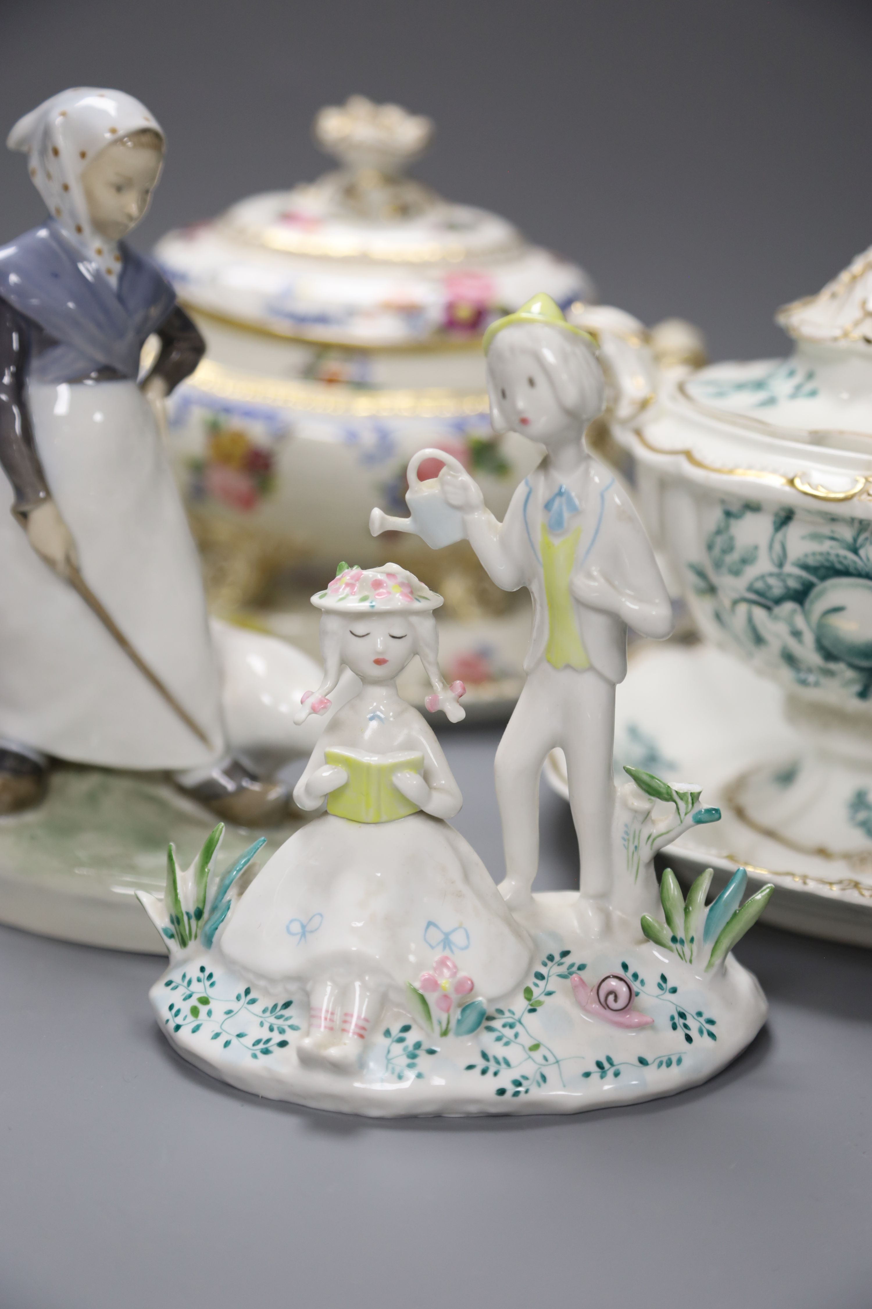 A pair of Ridgway porcelain tureens and integral stands and tureen cover and stand, height 18cm, a Royal Copenhagen figure and a Rosent